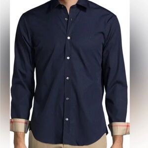 Burberry Brit Navy Blue Nova Check Cuffs Logo Slim Fit Men's Shirt Small